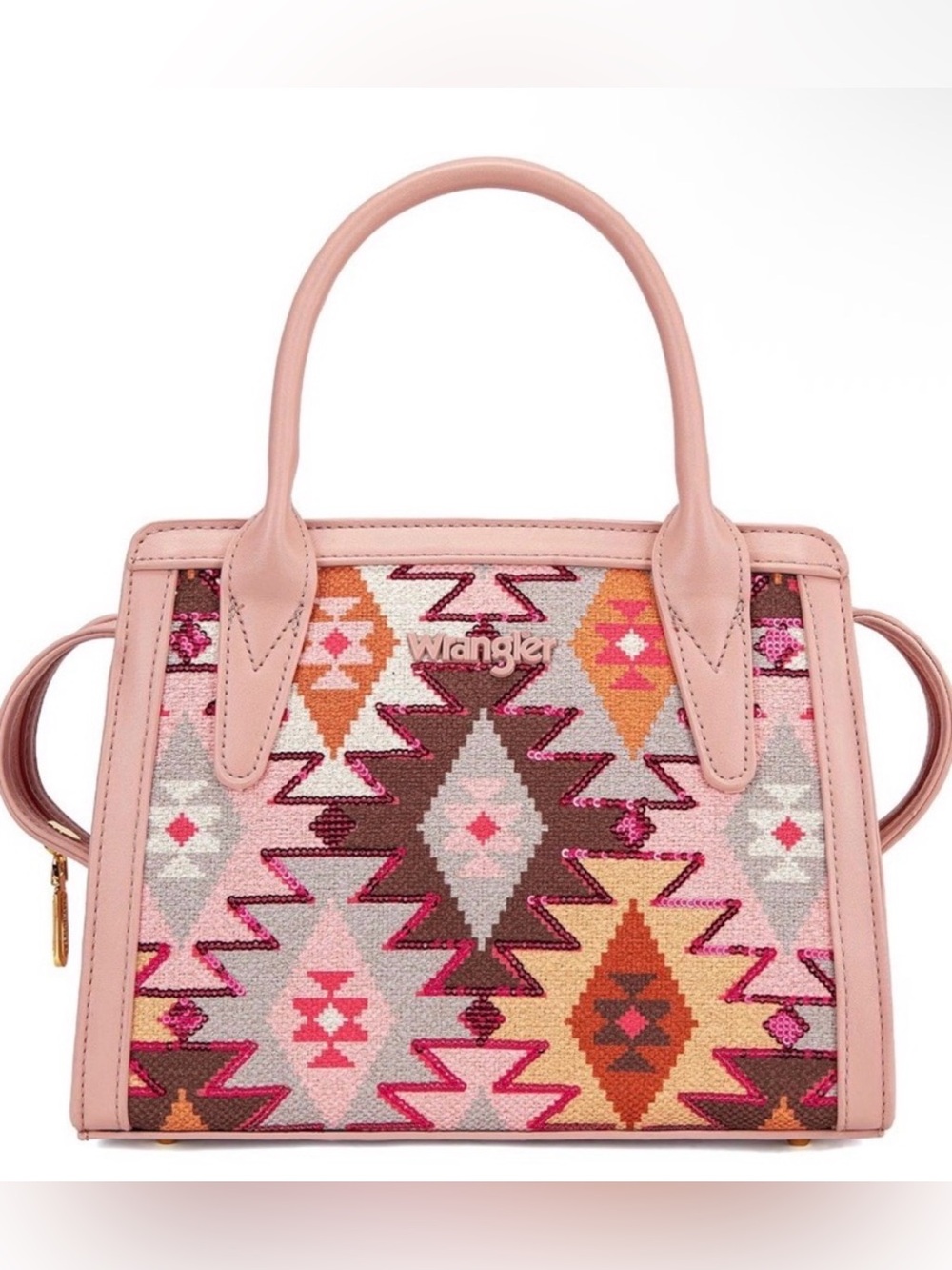 Wrangler $70 NWT Aztec Southwestern Sequin Satchel Crossbody Bag Pink & Dust Bag